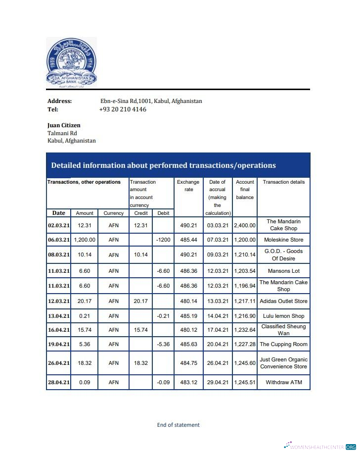 Download Afghanistan Da Afghanistan bank statement excel Photoshop template